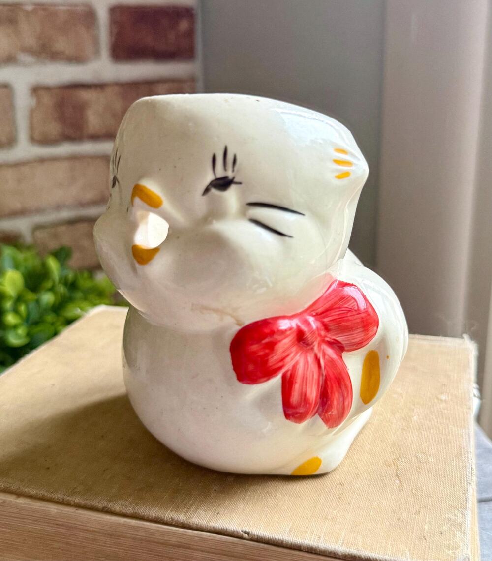 Vintage Ceramic Chick Creamer | Anthropomorphic Bird Pitcher, Red Bow